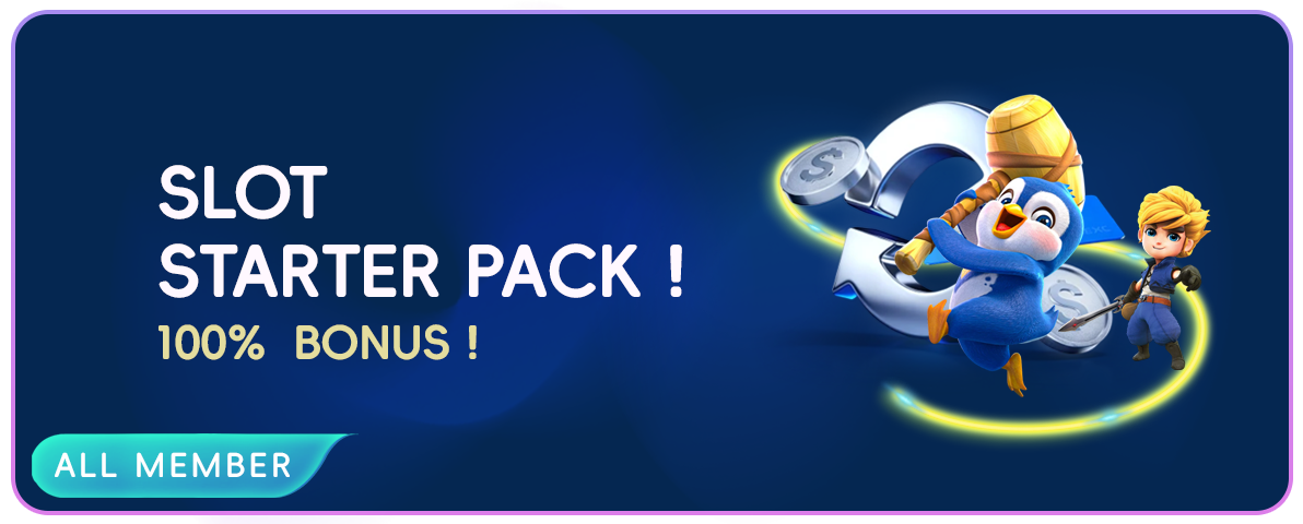 Slot Starter Pack activity banner with illustrated game characters and a 100% bonus headline.