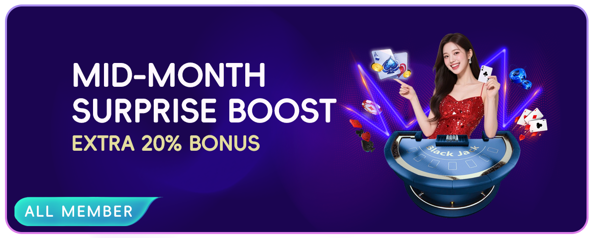 Mid-Month Surprise Boost activity banner with a blackjack table and a 20% bonus headline.