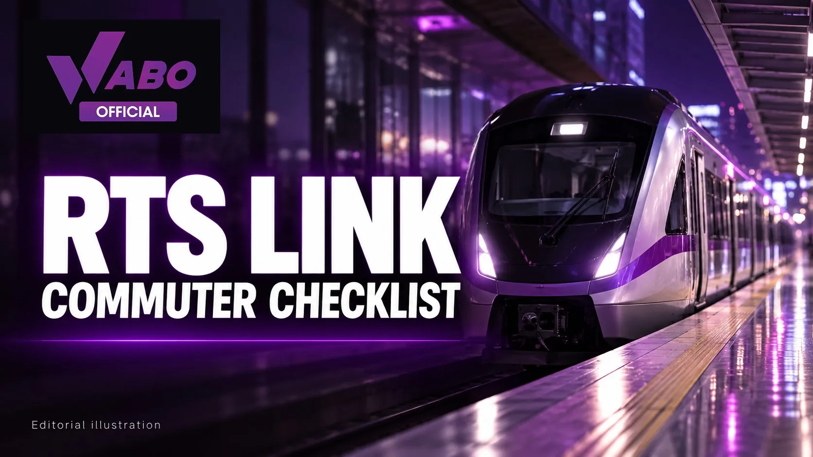 Editorial illustration of a generic commuter train in a purple-lit station beside an RTS Link commuter checklist headline.