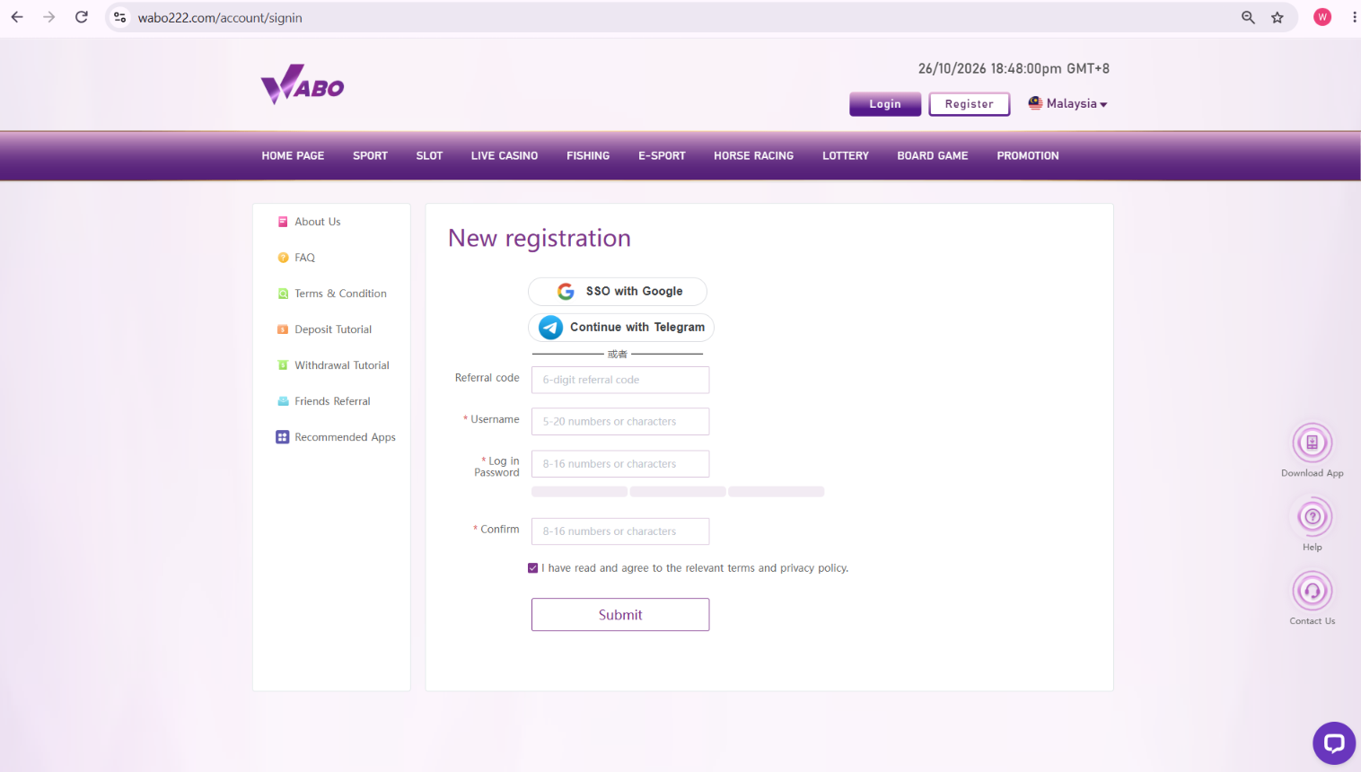 WABO Malaysia desktop registration screen with referral field and Google and Telegram options